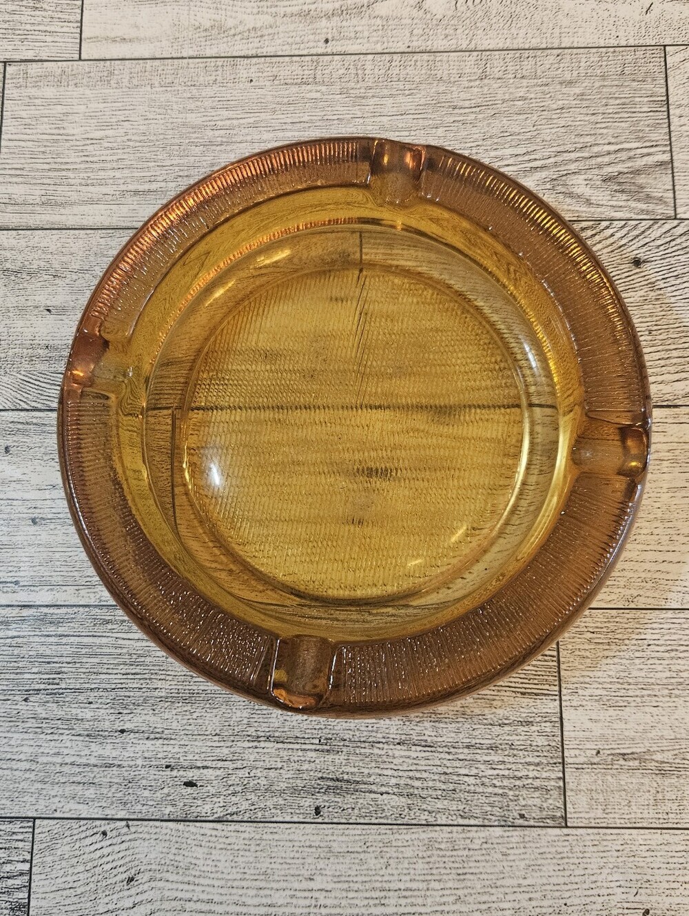 Blenko Vintage 5.5" Amber Glass Ashtray Ribbed/Striped Bottom Finish Mid Century
